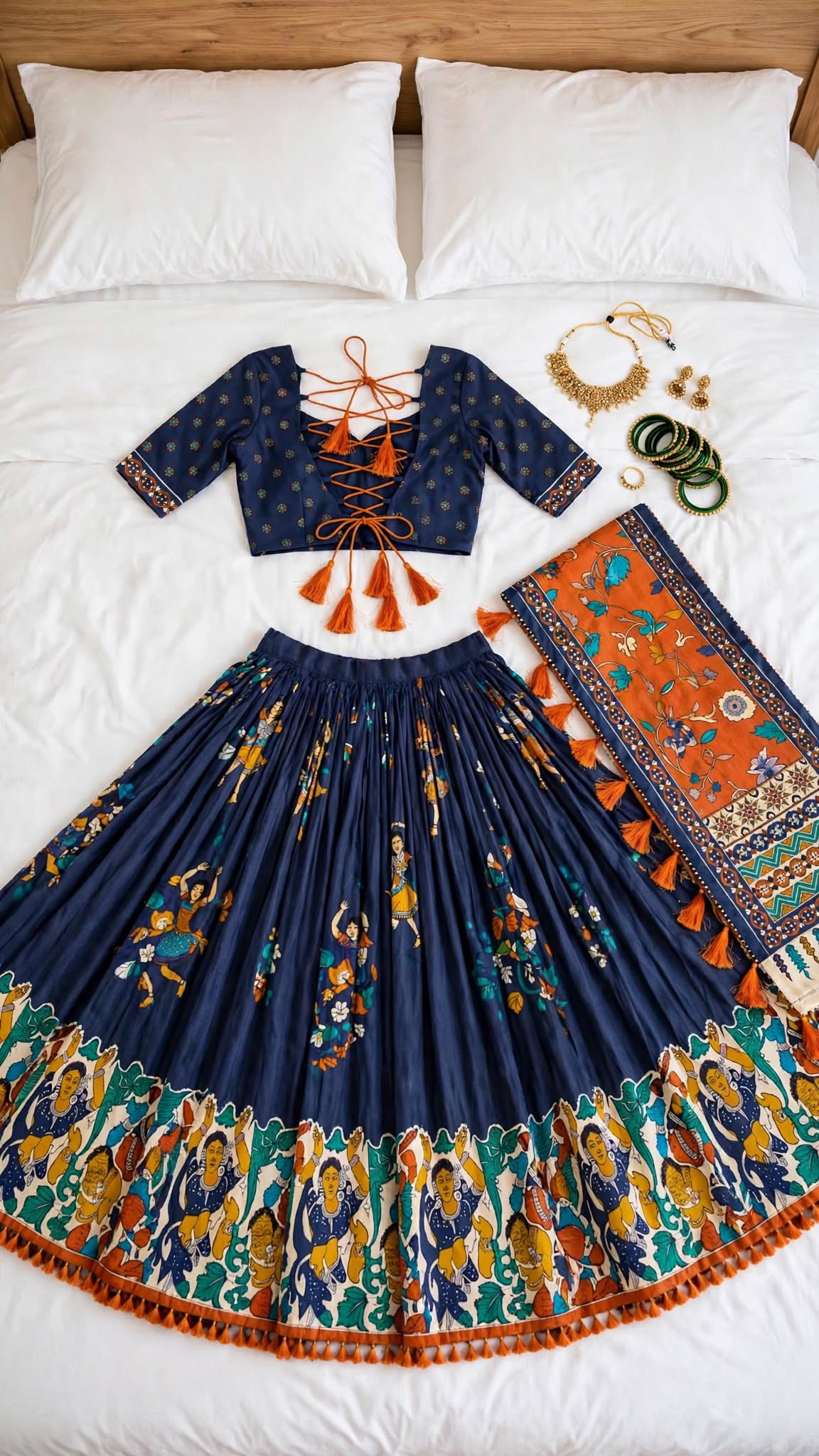 Navy Blue & Rust Orange Kalamkari Festive Lehenga Choli Set with Criss-Cross Bow Blouse & Dancing Figures Border