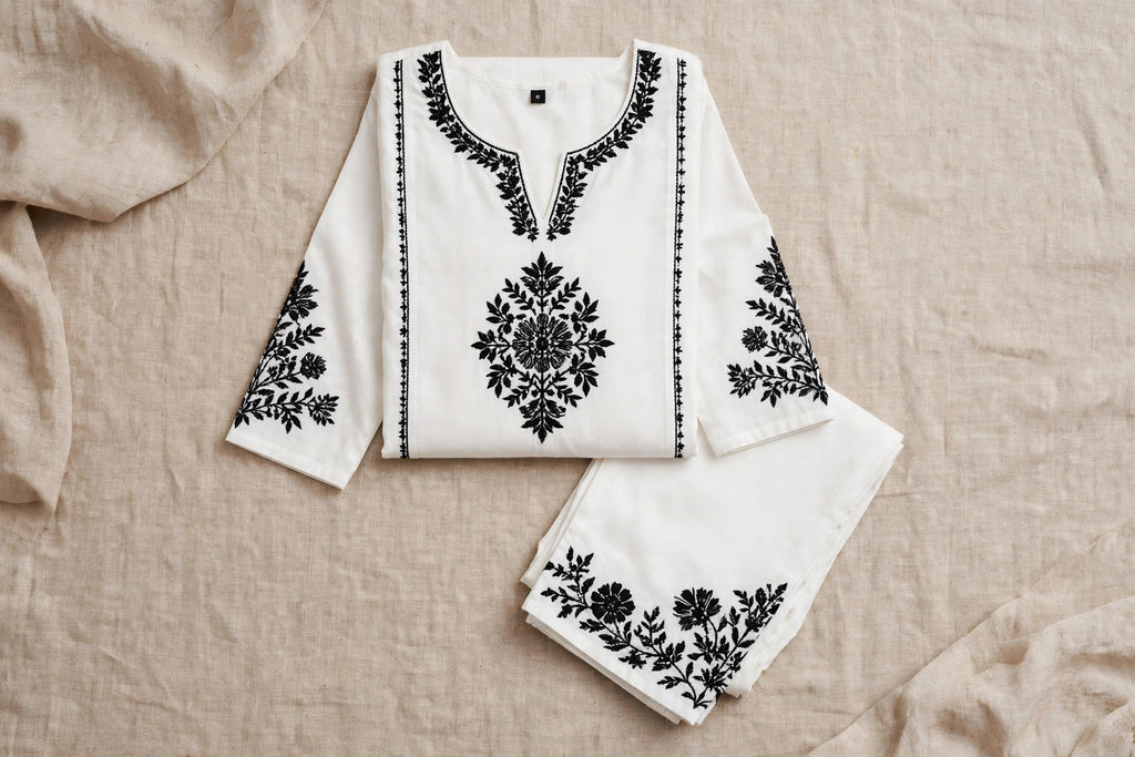 White Kurta Set - Heavy Black Embroidery (Office/Festive)