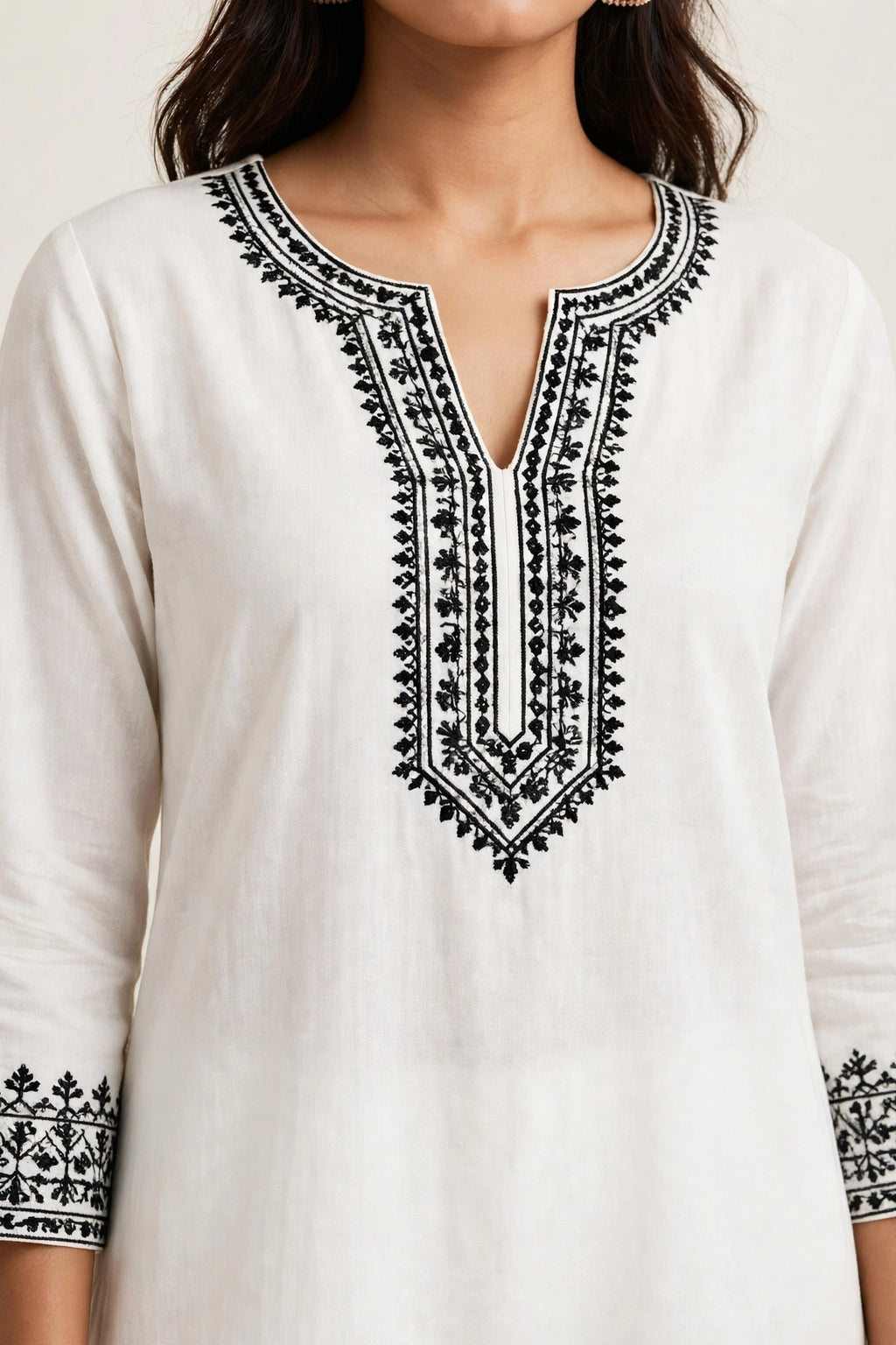 White Kurta Set - Minimal Black Embroidery (Airport Look)