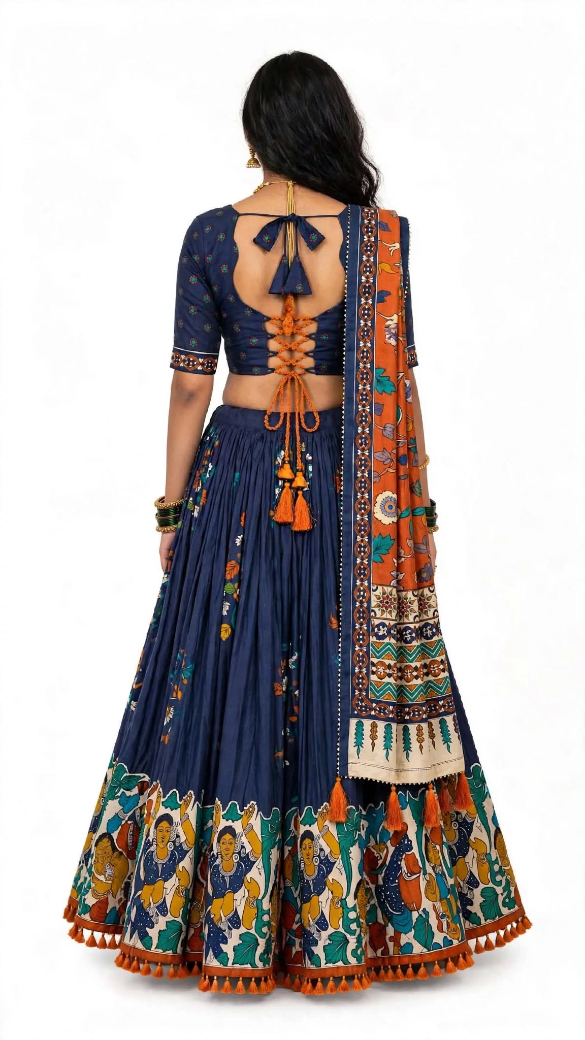 Navy Blue & Rust Orange Kalamkari Festive Lehenga Choli Set with Criss-Cross Bow Blouse & Dancing Figures Border
