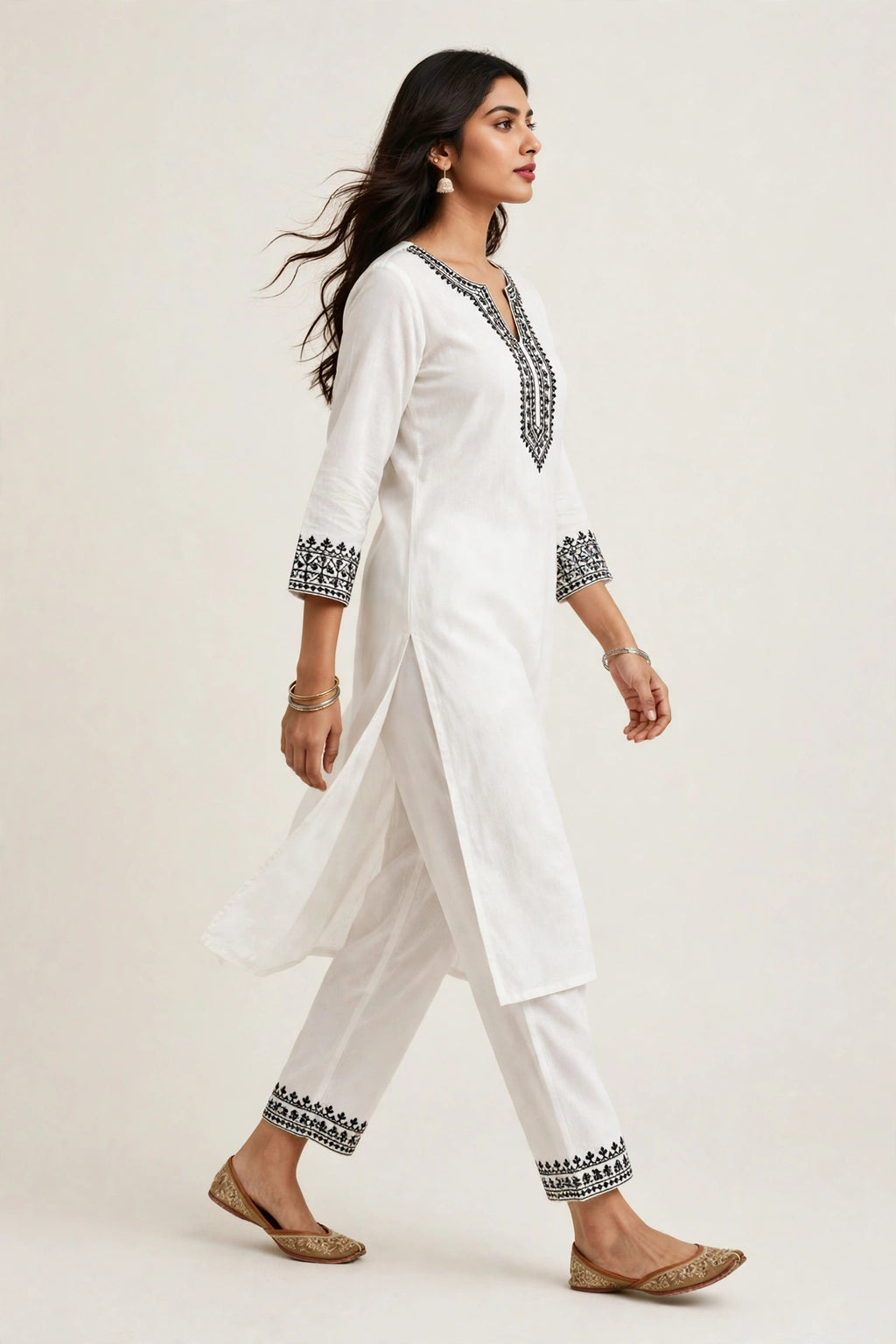 White Kurta Set - Minimal Black Embroidery (Airport Look)