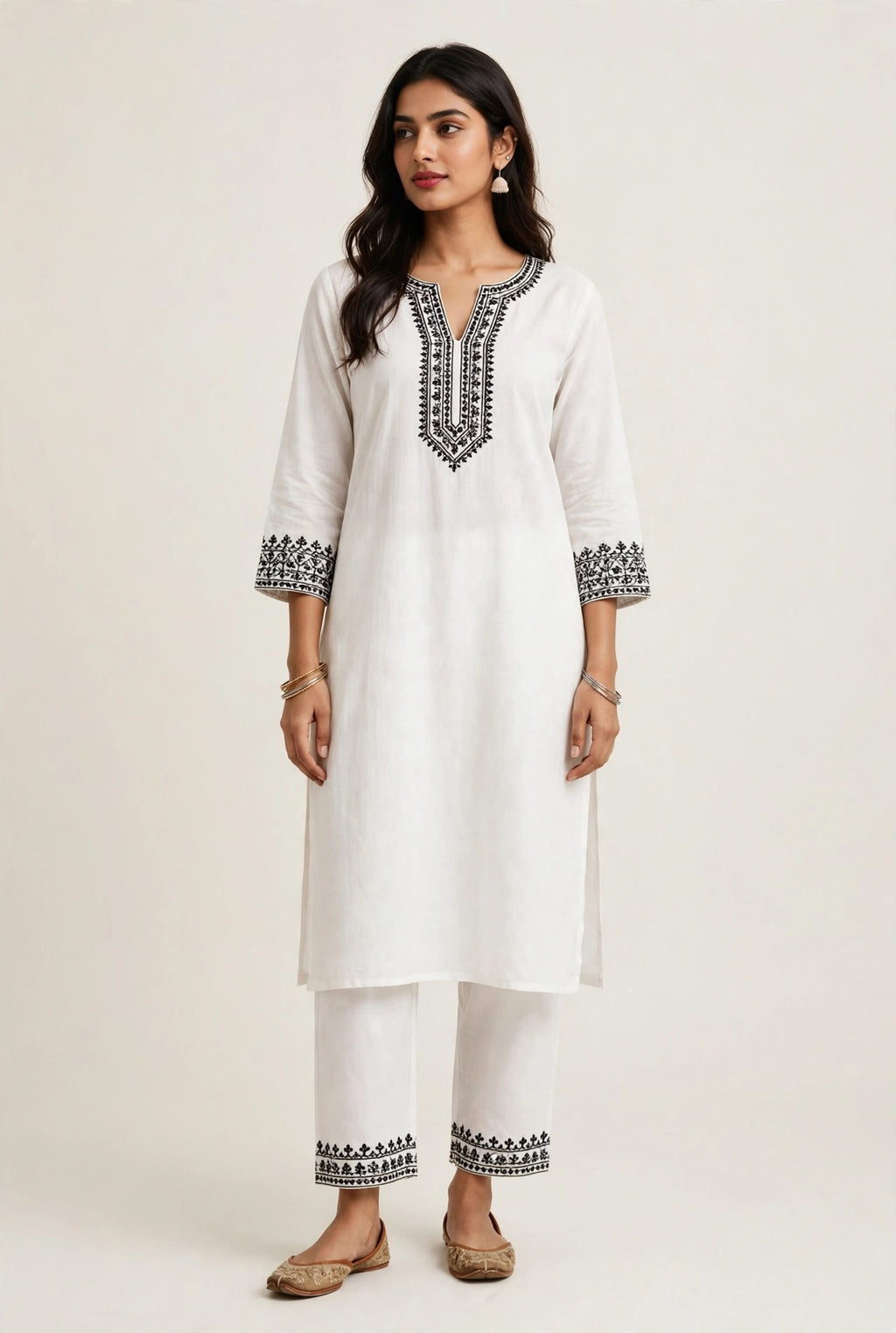 White Kurta Set - Minimal Black Embroidery (Airport Look)