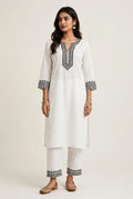 White Kurta Set - Minimal Black Embroidery (Airport Look)