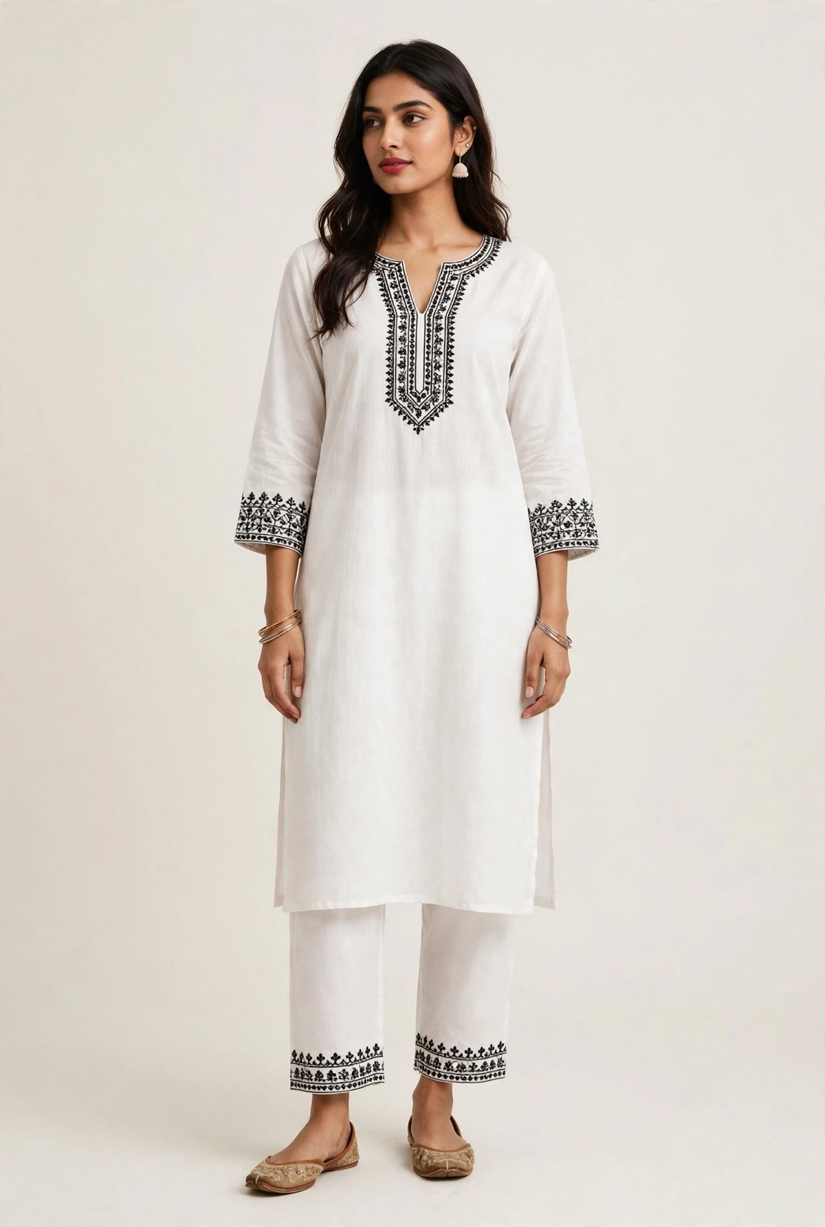 White Kurta Set - Minimal Black Embroidery (Airport Look)