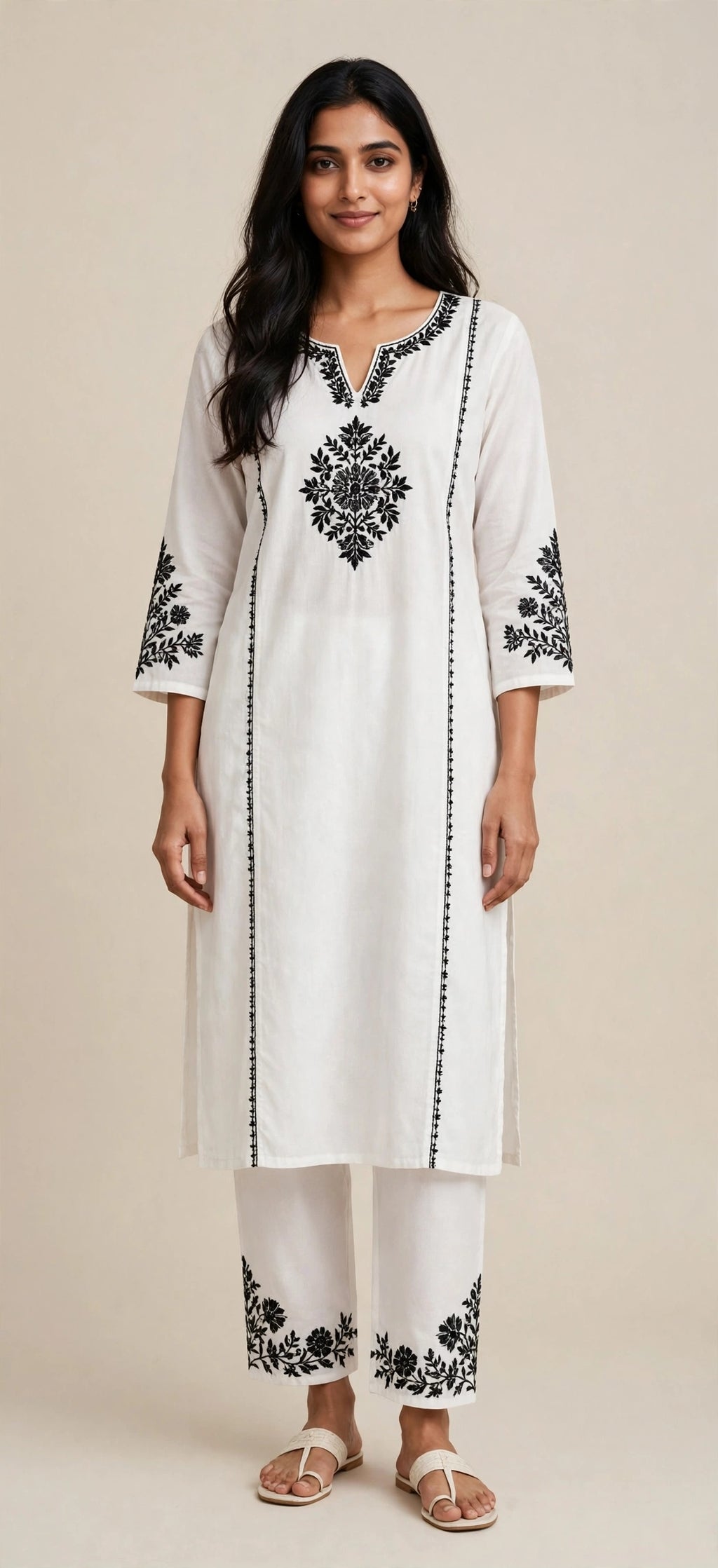 White Kurta Set - Heavy Black Embroidery (Office/Festive)