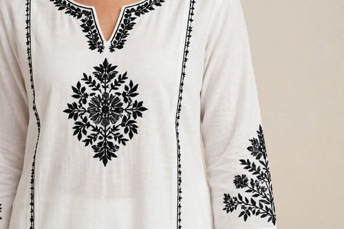 SAJRI Celebrity White Kurta Pant Set with Black Embroidery - Office & Festive Wear