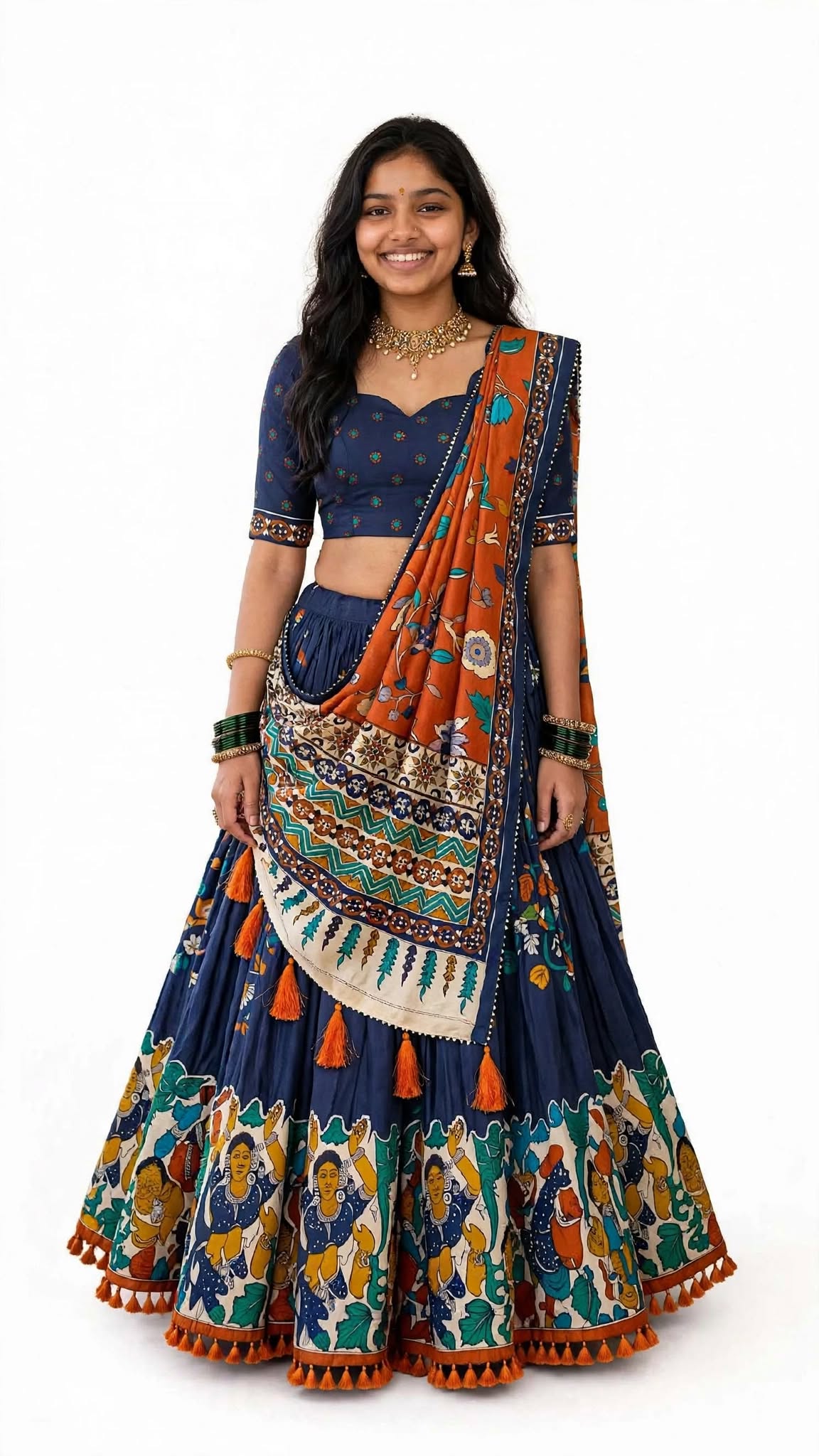 Navy Blue & Rust Orange Kalamkari Festive Lehenga Choli Set with Criss-Cross Bow Blouse & Dancing Figures Border